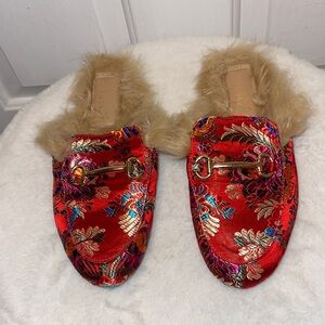 Rouge Red Floral Satin Fur-Trim Slip-On Mules